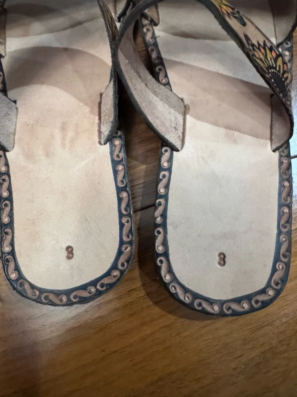 Sunflower-Embellished Leather Slide Sandals - Tan/Multicolor- size 3